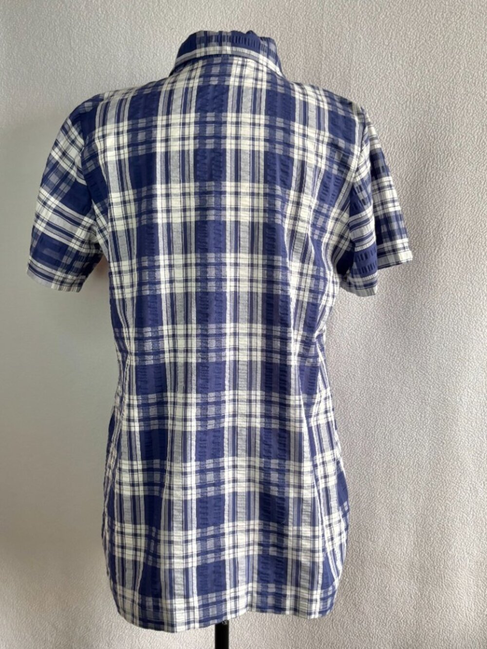 Vintage 1970s Dagger Collar Blue Plaid Crinkly Cotton Hip Length Blouse - Picture 5 of 7